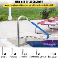 VEVOR Pool Rail 55x32 Pool Railing 304 Stainless Steel 250LBS Load Capacity Silver Rustproof Pool Handrail Humanized Swimming Pool Handrail with Blue Grip Cover & M8 Drill Bit & Self-Taping Screws