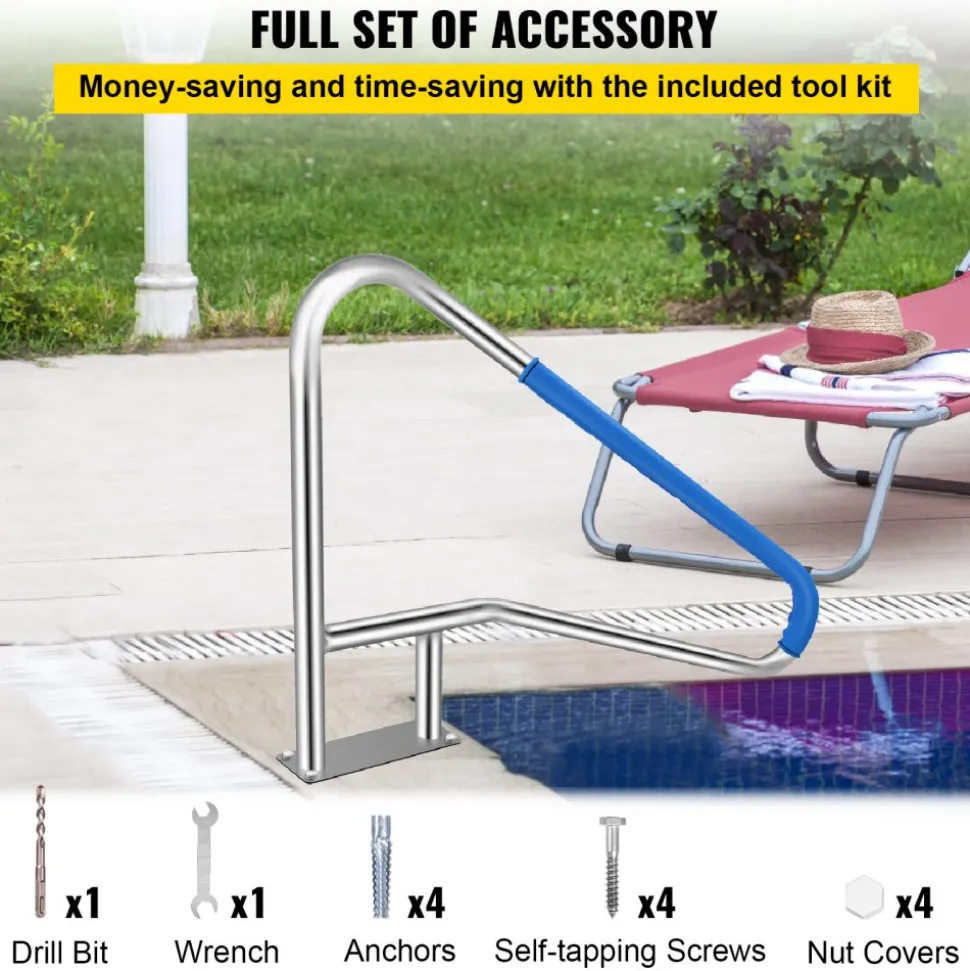 VEVOR Pool Rail 55x32 Pool Railing 304 Stainless Steel 250LBS Load Capacity Silver Rustproof Pool Handrail Humanized Swimming Pool Handrail with Blue Grip Cover & M8 Drill Bit & Self-Taping Screws