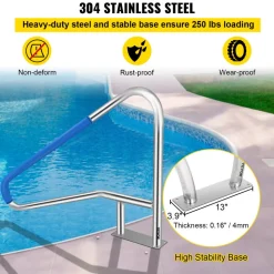 VEVOR Pool Rail 55x32 Pool Railing 304 Stainless Steel 250LBS Load Capacity Silver Rustproof Pool Handrail Humanized Swimming Pool Handrail with Blue Grip Cover & M8 Drill Bit & Self-Taping Screws
