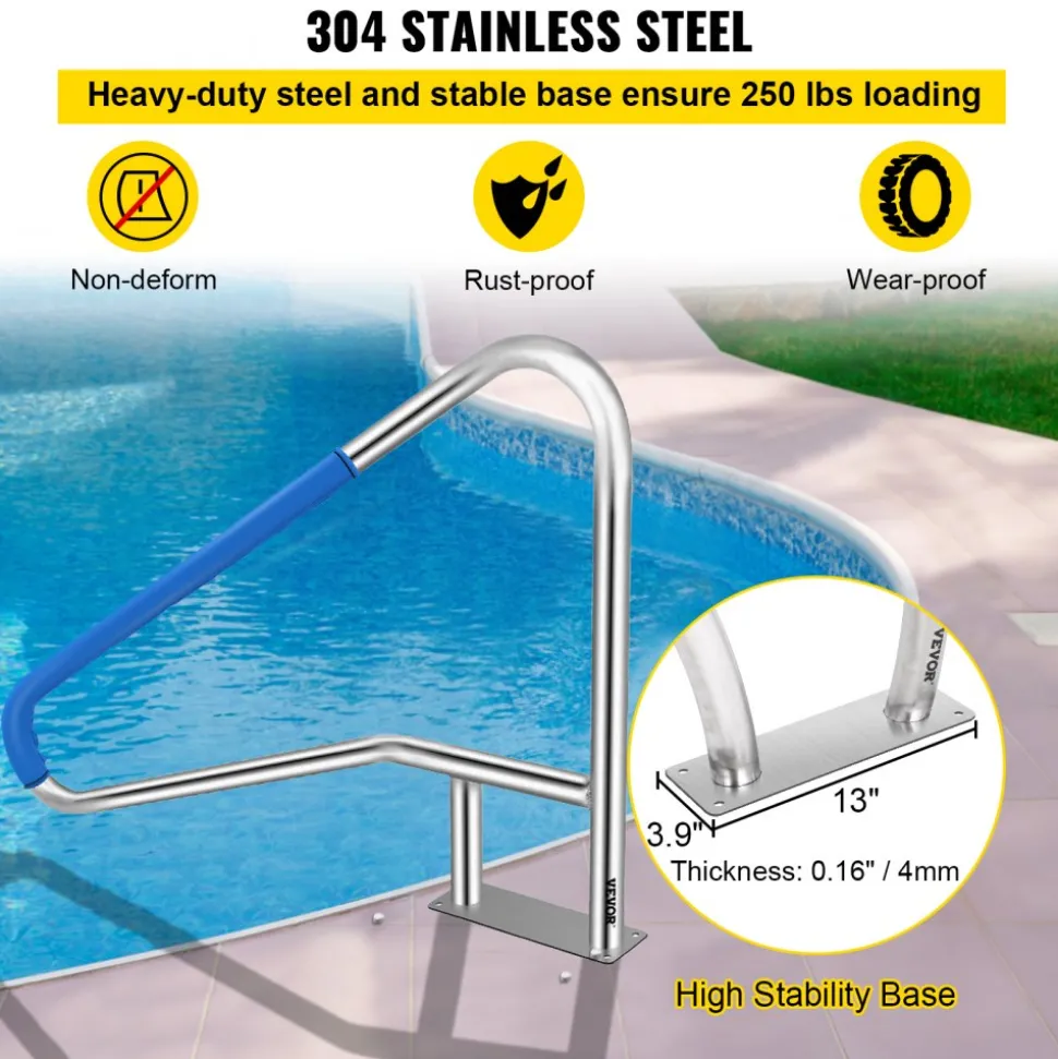 VEVOR Pool Rail 55x32 Pool Railing 304 Stainless Steel 250LBS Load Capacity Silver Rustproof Pool Handrail Humanized Swimming Pool Handrail with Blue Grip Cover & M8 Drill Bit & Self-Taping Screws