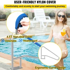 VEVOR Pool Rail 55x32 Pool Railing 304 Stainless Steel 250LBS Load Capacity Silver Rustproof Pool Handrail Humanized Swimming Pool Handrail with Blue Grip Cover & M8 Drill Bit & Self-Taping Screws