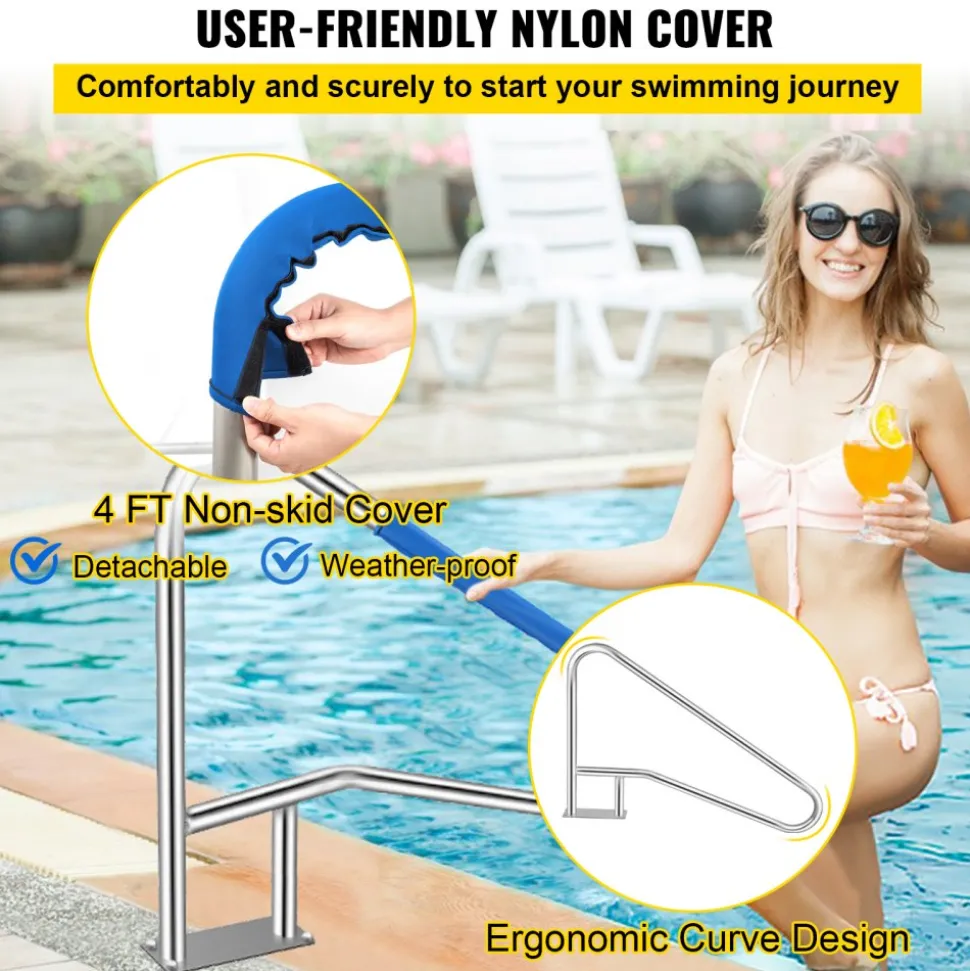 VEVOR Pool Rail 55x32 Pool Railing 304 Stainless Steel 250LBS Load Capacity Silver Rustproof Pool Handrail Humanized Swimming Pool Handrail with Blue Grip Cover & M8 Drill Bit & Self-Taping Screws