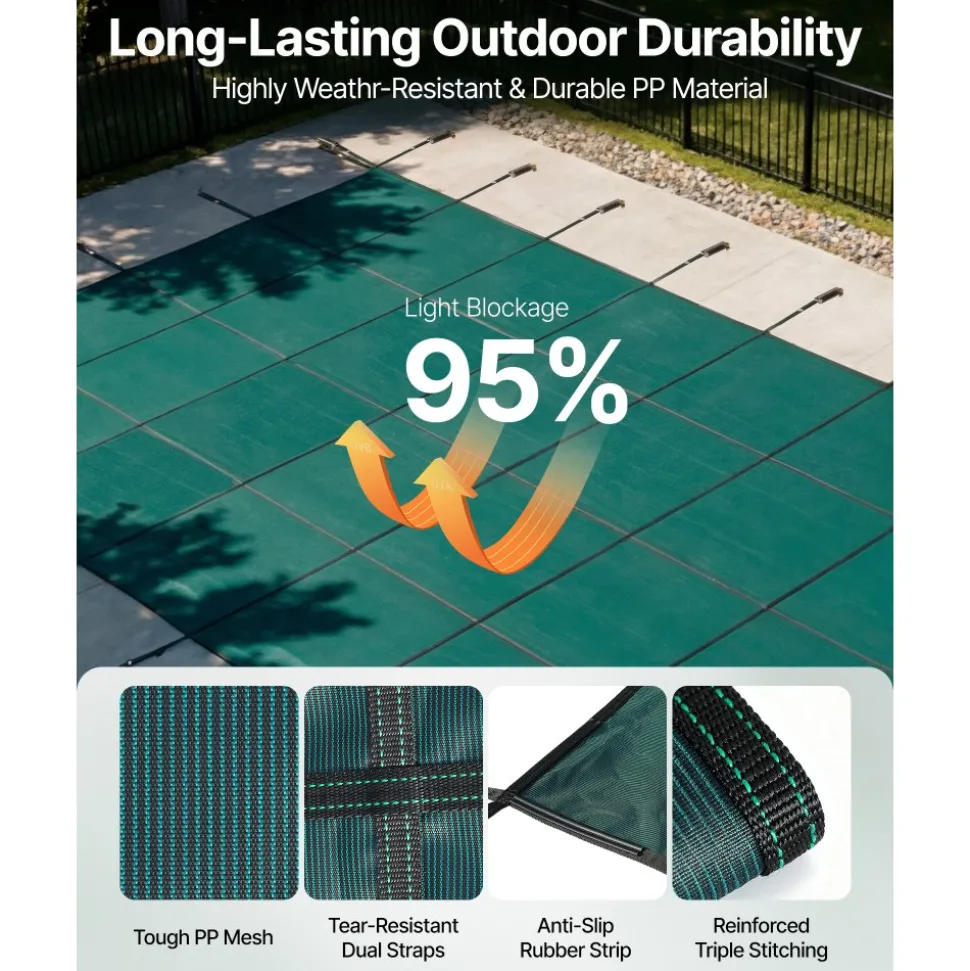 VEVOR Pool Safety Cover Fits 18x36ft Rectangle Inground Pools, Safety Pool Cover with 4x10ft Center End Step, Mesh Solid Pool Cover with Drainage Holes for Swimming Pool, Winter Safety Cover, Green
