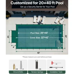 VEVOR Pool Safety Cover Fits 20x40ft Rectangle Inground Pools, Safety Pool Cover with 4x10ft Center End Step, Mesh Solid Pool Cover with Drainage Holes for Swimming Pool, Winter Safety Cover, Green