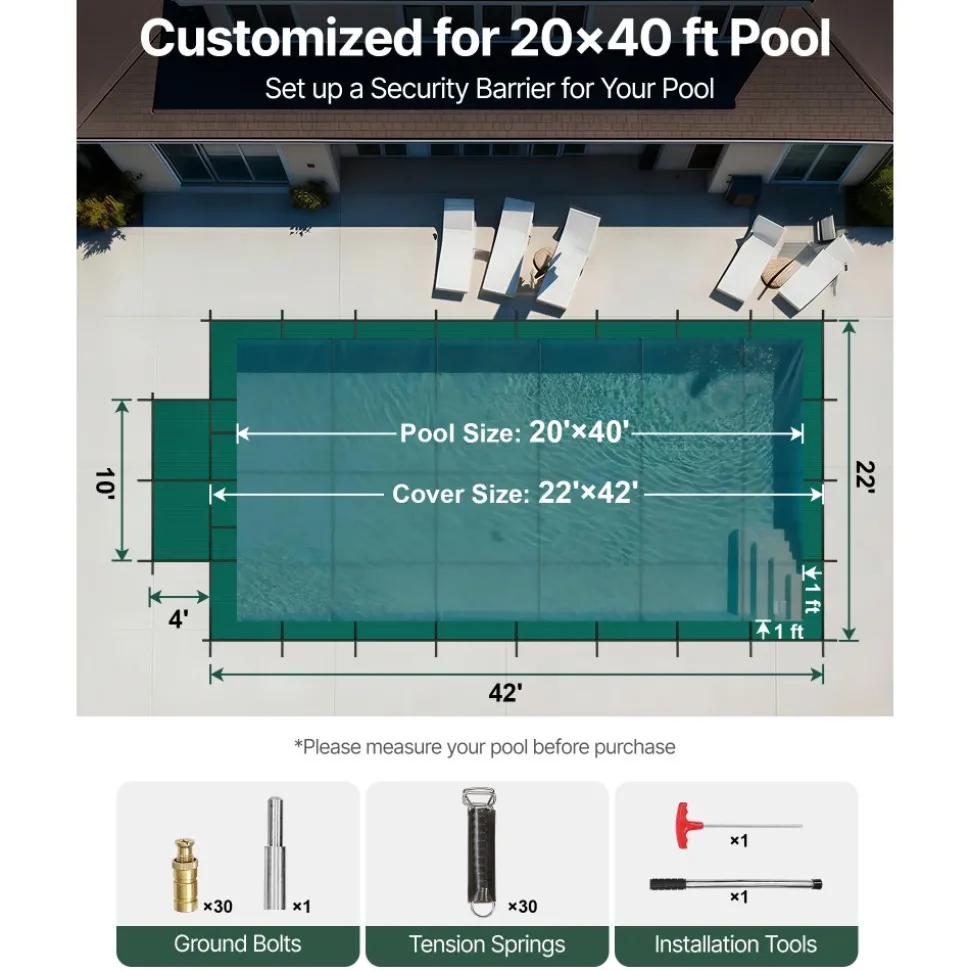 VEVOR Pool Safety Cover Fits 20x40ft Rectangle Inground Pools, Safety Pool Cover with 4x10ft Center End Step, Mesh Solid Pool Cover with Drainage Holes for Swimming Pool, Winter Safety Cover, Green
