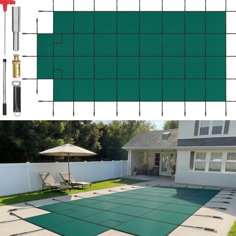 VEVOR Pool Safety Cover Fits 20x40ft Rectangle Inground Pools, Safety Pool Cover with 4x10ft Center End Step, Mesh Solid Pool Cover with Drainage Holes for Swimming Pool, Winter Safety Cover, Green