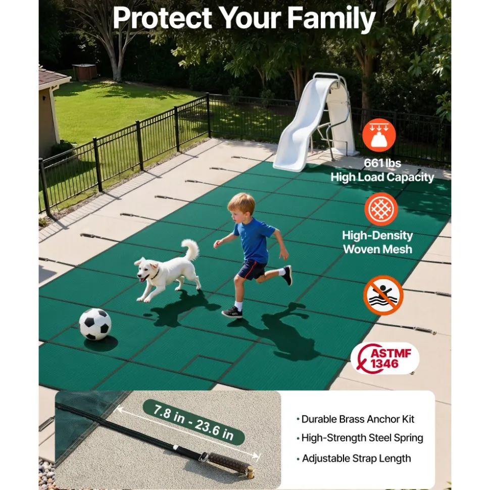 VEVOR Pool Safety Cover Fits 20x40ft Rectangle Inground Pools, Safety Pool Cover with 4x10ft Center End Step, Mesh Solid Pool Cover with Drainage Holes for Swimming Pool, Winter Safety Cover, Green