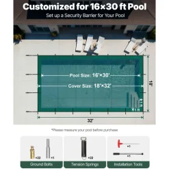 VEVOR Pool Safety Cover Fits 16x30ft Rectangle Inground Pools, Safety Pool Cover with Drainage Holes, Mesh Solid Pool Cover for Swimming Pool, Winter Safety Cover, Green
