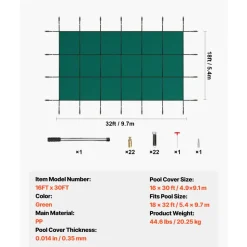 VEVOR Pool Safety Cover Fits 16x30ft Rectangle Inground Pools, Safety Pool Cover with Drainage Holes, Mesh Solid Pool Cover for Swimming Pool, Winter Safety Cover, Green