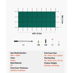 VEVOR Pool Safety Cover Fits 16x40ft Rectangle Inground Pools, Safety Pool Cover with Drainage Holes, Mesh Pool Cover for Swimming Pool, Winter Safety Cover, Green