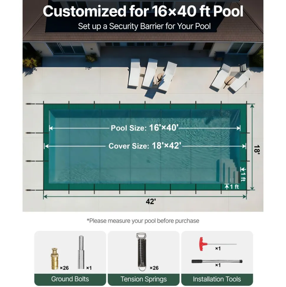 VEVOR Pool Safety Cover Fits 16x40ft Rectangle Inground Pools, Safety Pool Cover with Drainage Holes, Mesh Pool Cover for Swimming Pool, Winter Safety Cover, Green
