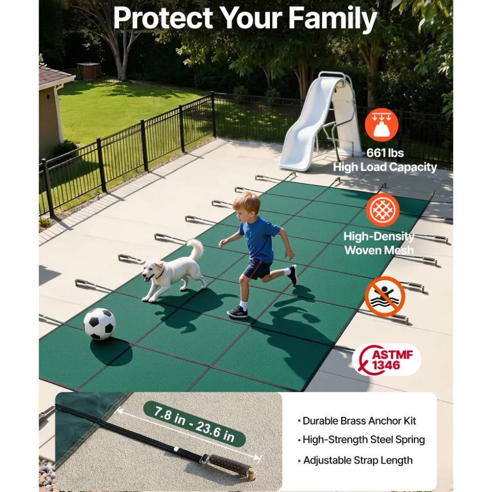 VEVOR Pool Safety Cover Fits 16x40ft Rectangle Inground Pools, Safety Pool Cover with Drainage Holes, Mesh Pool Cover for Swimming Pool, Winter Safety Cover, Green