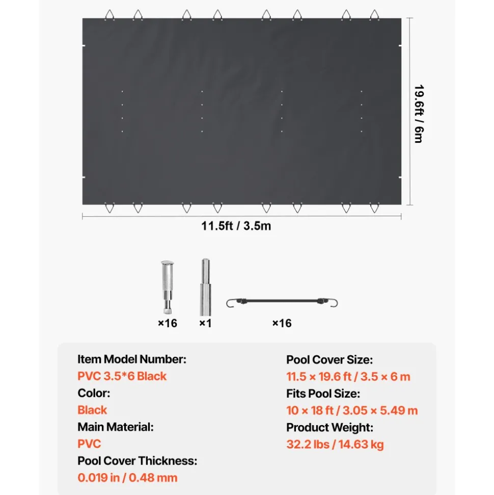 VEVOR Pool Safety Cover Fits 10.5x18.6ft Rectangle Inground Pools, Safety Pool Cover with Drainage Holes, Mesh Pool Cover for Swimming Pool, PVC Winter Safety Cover, Dark Grey