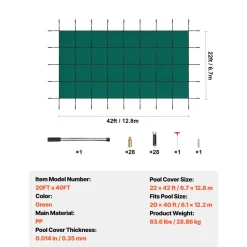 VEVOR Pool Safety Cover Fits 20x40ft Rectangle Inground Pools, Safety Pool Cover with Drainage Holes, Mesh Solid Pool Cover for Swimming Pool, Winter Safety Cover, Green