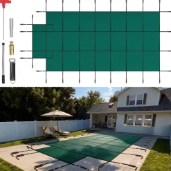 VEVOR Pool Safety Cover Fits 16x32ft Rectangle Inground Pools, Safety Pool Cover with 4x10ft Center End Step, Mesh Solid Pool Cover with Drainage Holes for Swimming Pool, Winter Safety Cover, Green