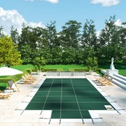 VEVOR Pool Safety Cover Fits 16x32ft Rectangle Inground Pools, Safety Pool Cover with 4x10ft Center End Step, Mesh Solid Pool Cover with Drainage Holes for Swimming Pool, Winter Safety Cover, Green