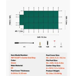 VEVOR Pool Safety Cover Fits 16x32ft Rectangle Inground Pools, Safety Pool Cover with 4x10ft Center End Step, Mesh Solid Pool Cover with Drainage Holes for Swimming Pool, Winter Safety Cover, Green