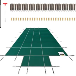 VEVOR Pool Safety Cover Fits 16x32ft Rectangle Inground Pools, Safety Pool Cover with 4x10ft Center End Step, Mesh Solid Pool Cover with Drainage Holes for Swimming Pool, Winter Safety Cover, Green