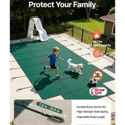 VEVOR Pool Safety Cover Fits 16x32ft Rectangle Inground Pools, Safety Pool Cover with 4x10ft Center End Step, Mesh Solid Pool Cover with Drainage Holes for Swimming Pool, Winter Safety Cover, Green