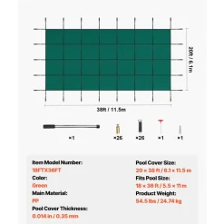 VEVOR Pool Safety Cover Fits 18x36ft Rectangle Inground Pools, Safety Pool Cover with Drainage Holes, Mesh Solid Pool Cover for Swimming Pool, Winter Safety Cover, Green
