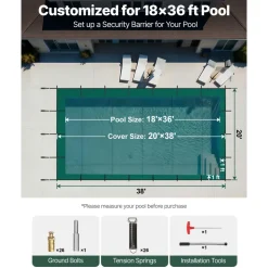VEVOR Pool Safety Cover Fits 18x36ft Rectangle Inground Pools, Safety Pool Cover with Drainage Holes, Mesh Solid Pool Cover for Swimming Pool, Winter Safety Cover, Green