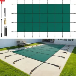 VEVOR Pool Safety Cover Fits 16x32ft Rectangle Inground Pools, Safety Pool Cover with Drainage Holes, Mesh Solid Pool Cover for Swimming Pool, Winter Safety Cover, Green