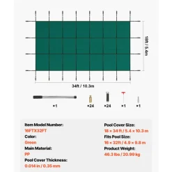 VEVOR Pool Safety Cover Fits 16x32ft Rectangle Inground Pools, Safety Pool Cover with Drainage Holes, Mesh Solid Pool Cover for Swimming Pool, Winter Safety Cover, Green