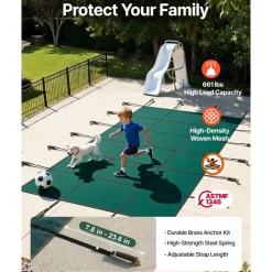 VEVOR Pool Safety Cover Fits 14x26ft Rectangle Inground Pools, Safety Pool Cover with Drainage Holes, Mesh Solid Pool Cover for Swimming Pool, Winter Safety Cover, Green
