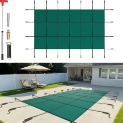VEVOR Pool Safety Cover Fits 14x26ft Rectangle Inground Pools, Safety Pool Cover with Drainage Holes, Mesh Solid Pool Cover for Swimming Pool, Winter Safety Cover, Green