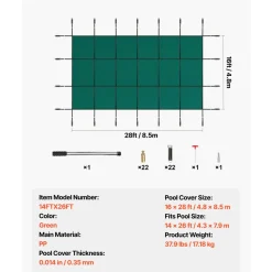 VEVOR Pool Safety Cover Fits 14x26ft Rectangle Inground Pools, Safety Pool Cover with Drainage Holes, Mesh Solid Pool Cover for Swimming Pool, Winter Safety Cover, Green