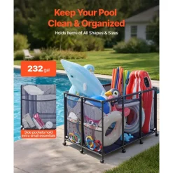 VEVOR Pool Storage Bin, 48.8 x 32.7 x 32.7 in, Rolling Pool Float Storage Organizer with Side Pockets & Casters, Heavy Duty Metal Frame, Poolside Toys Noodles Holder Mesh Basket for Swimming Pools