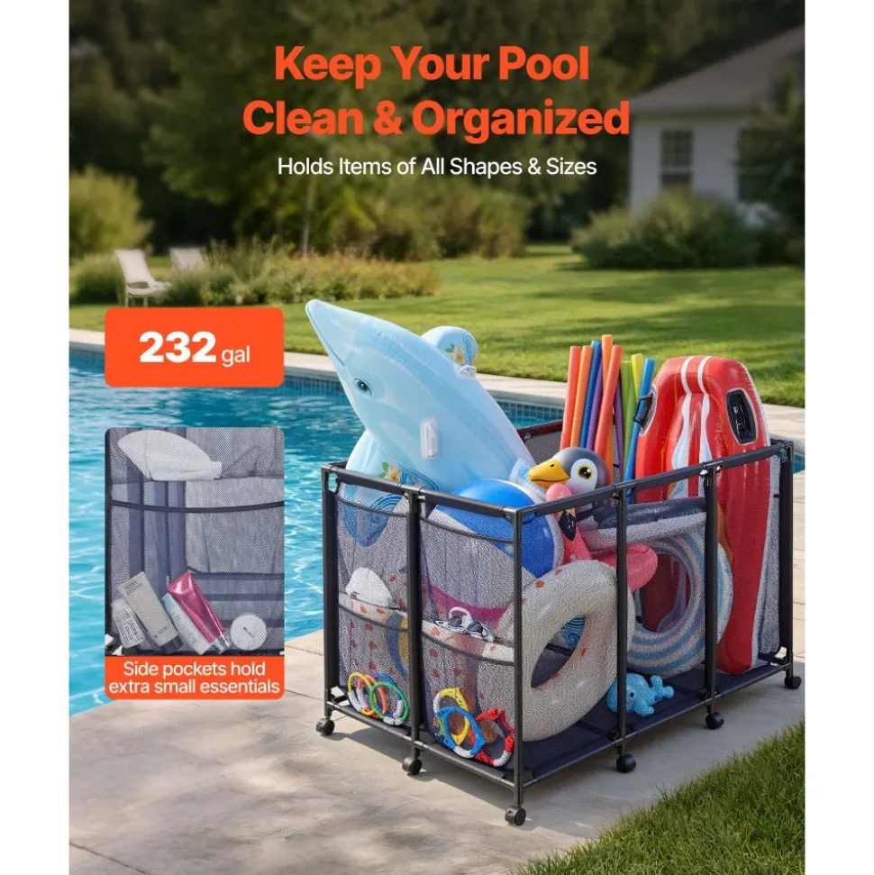 VEVOR Pool Storage Bin, 48.8 x 32.7 x 32.7 in, Rolling Pool Float Storage Organizer with Side Pockets & Casters, Heavy Duty Metal Frame, Poolside Toys Noodles Holder Mesh Basket for Swimming Pools