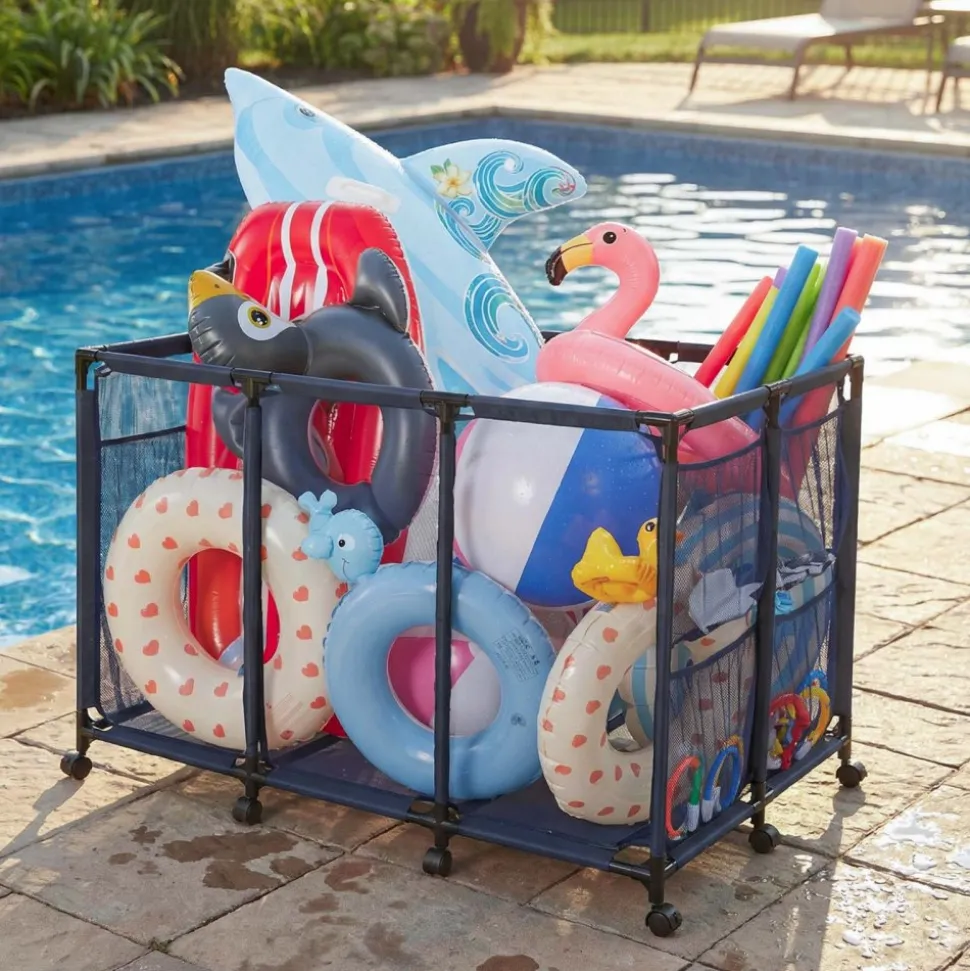 VEVOR Pool Storage Bin, 48.8 x 32.7 x 32.7 in, Rolling Pool Float Storage Organizer with Side Pockets & Casters, Heavy Duty Metal Frame, Poolside Toys Noodles Holder Mesh Basket for Swimming Pools
