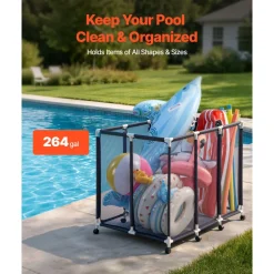 VEVOR Pool Storage Bin, 48 x 33 x 39 in, Rolling Pool Float Storage Organizer with Casters, Durable Plastic Frame, Poolside Toys Noodles Holder, Breathable Mesh Basket for Swimming Pools