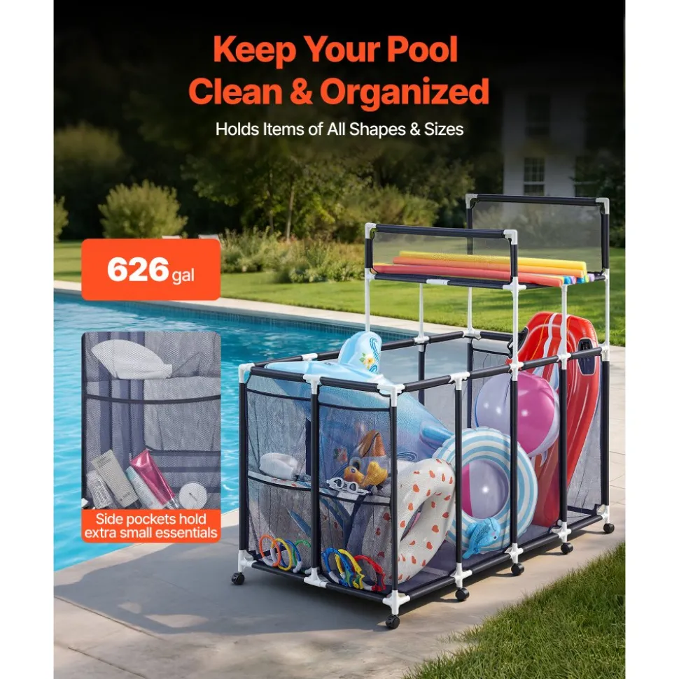 VEVOR Pool Storage Bin, 36.8 x 24 x 35.6 in, Rolling Pool Float Storage Organizer with Side Pockets & Casters, Heavy Duty Metal Frame, Poolside Toys Noodles Holder Mesh Basket for Swimming Pools