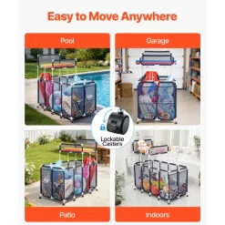 VEVOR Pool Storage Bin, 36.8 x 24 x 35.6 in, Rolling Pool Float Storage Organizer with Side Pockets & Casters, Heavy Duty Metal Frame, Poolside Toys Noodles Holder Mesh Basket for Swimming Pools