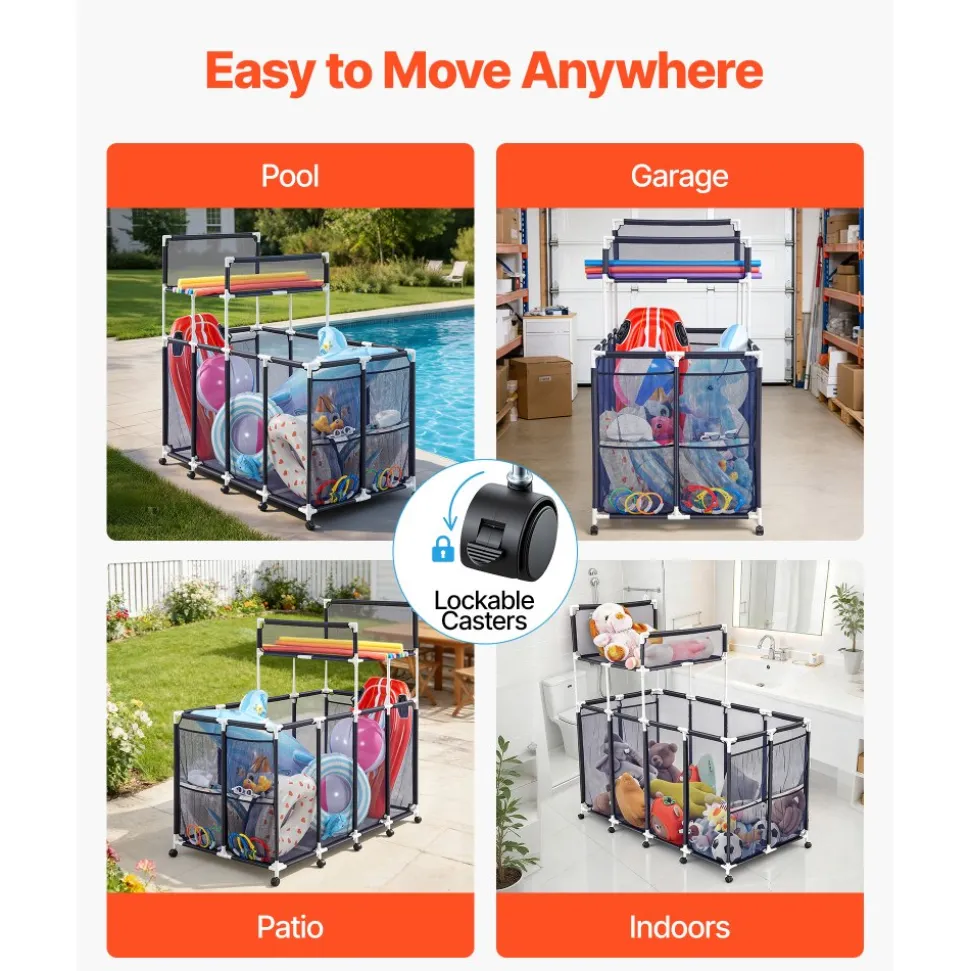 VEVOR Pool Storage Bin, 36.8 x 24 x 35.6 in, Rolling Pool Float Storage Organizer with Side Pockets & Casters, Heavy Duty Metal Frame, Poolside Toys Noodles Holder Mesh Basket for Swimming Pools