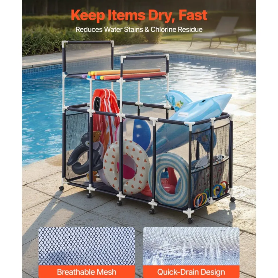 VEVOR Pool Storage Bin, 36.8 x 24 x 35.6 in, Rolling Pool Float Storage Organizer with Side Pockets & Casters, Heavy Duty Metal Frame, Poolside Toys Noodles Holder Mesh Basket for Swimming Pools