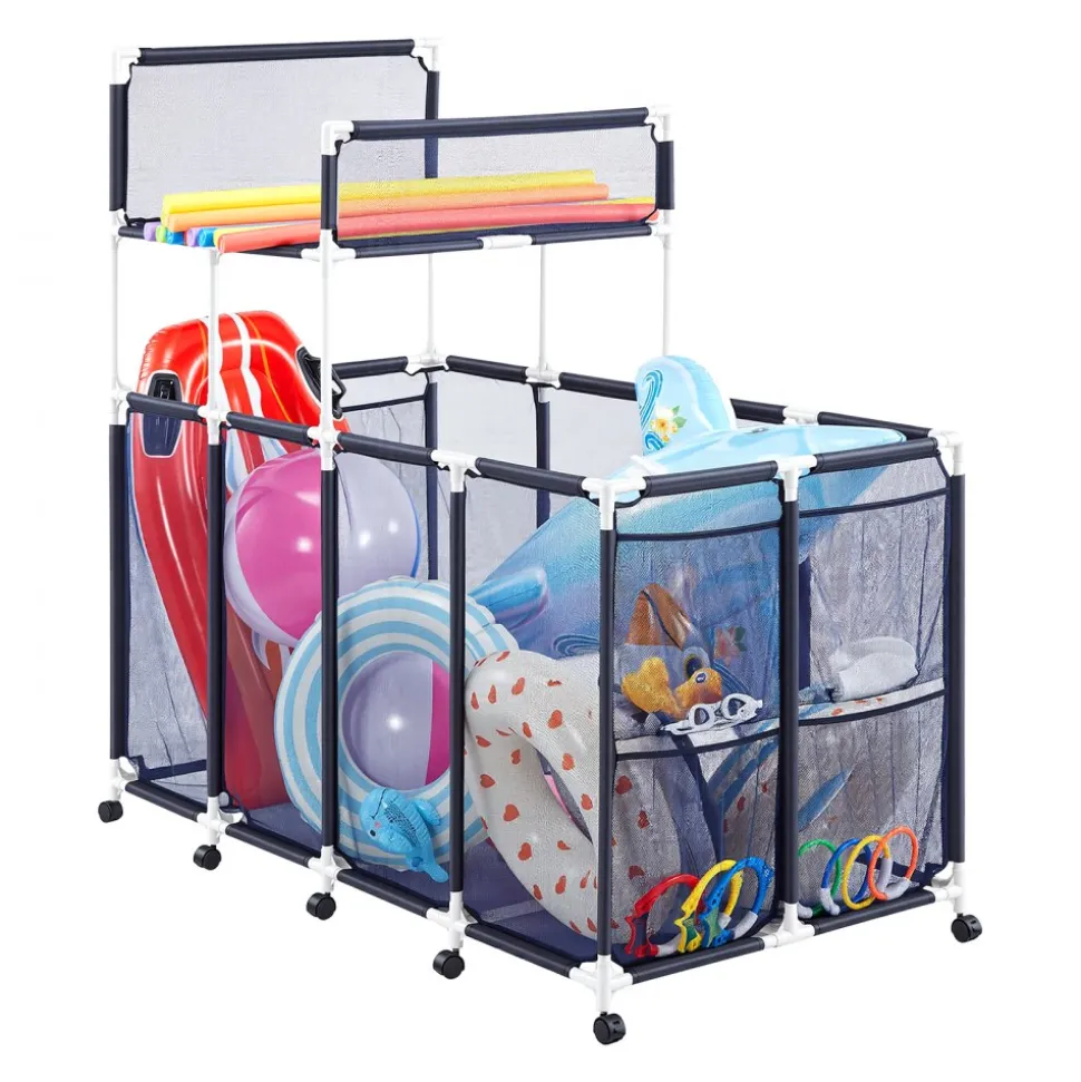VEVOR Pool Storage Bin, 36.8 x 24 x 35.6 in, Rolling Pool Float Storage Organizer with Side Pockets & Casters, Heavy Duty Metal Frame, Poolside Toys Noodles Holder Mesh Basket for Swimming Pools