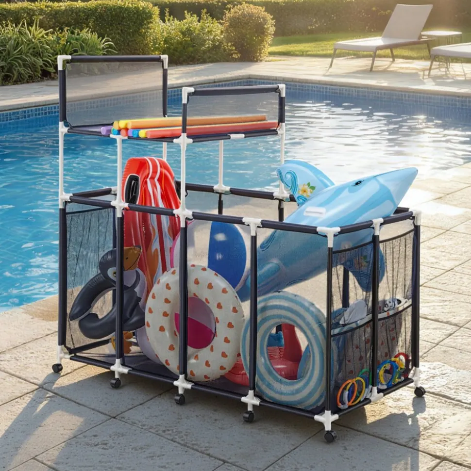 VEVOR Pool Storage Bin, 36.8 x 24 x 35.6 in, Rolling Pool Float Storage Organizer with Side Pockets & Casters, Heavy Duty Metal Frame, Poolside Toys Noodles Holder Mesh Basket for Swimming Pools