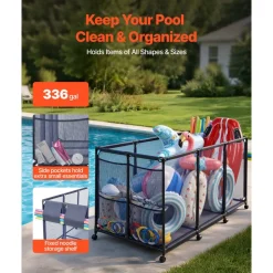VEVOR Pool Storage Bin, 69 x 32 x 35 in, Rolling Pool Float Storage Organizer with Side Pockets & Noodles Holder, Durable Metal Frame, Poolside Toys Breathable Mesh Basket for Swimming Pools