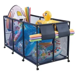VEVOR Pool Storage Bin, 69 x 32 x 35 in, Rolling Pool Float Storage Organizer with Side Pockets & Noodles Holder, Durable Metal Frame, Poolside Toys Breathable Mesh Basket for Swimming Pools