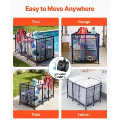 VEVOR Pool Storage Bin, 69 x 32 x 35 in, Rolling Pool Float Storage Organizer with Side Pockets & Noodles Holder, Durable Metal Frame, Poolside Toys Breathable Mesh Basket for Swimming Pools