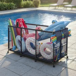 VEVOR Pool Storage Bin, 69 x 32 x 35 in, Rolling Pool Float Storage Organizer with Side Pockets & Noodles Holder, Durable Metal Frame, Poolside Toys Breathable Mesh Basket for Swimming Pools