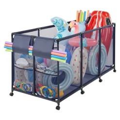 VEVOR Pool Storage Bin, 69 x 32 x 35 in, Rolling Pool Float Storage Organizer with Side Pockets & Noodles Holder, Durable Metal Frame, Poolside Toys Breathable Mesh Basket for Swimming Pools