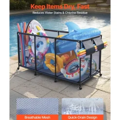 VEVOR Pool Storage Bin, 69 x 32 x 35 in, Rolling Pool Float Storage Organizer with Side Pockets & Noodles Holder, Durable Metal Frame, Poolside Toys Breathable Mesh Basket for Swimming Pools