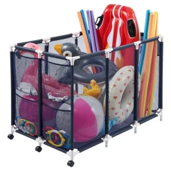 VEVOR Pool Storage Bin, 103 x 32 x 35 in, Rolling Pool Float Storage Organizer with Side Pockets & Noodles Holder, Durable Metal Frame, Poolside Toys Breathable Mesh Basket for Swimming Pools