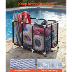 VEVOR Pool Storage Bin, 103 x 32 x 35 in, Rolling Pool Float Storage Organizer with Side Pockets & Noodles Holder, Durable Metal Frame, Poolside Toys Breathable Mesh Basket for Swimming Pools