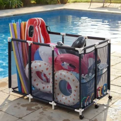 VEVOR Pool Storage Bin, 103 x 32 x 35 in, Rolling Pool Float Storage Organizer with Side Pockets & Noodles Holder, Durable Metal Frame, Poolside Toys Breathable Mesh Basket for Swimming Pools