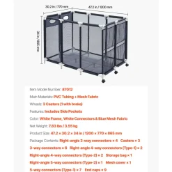 VEVOR Pool Storage Bin, 103 x 32 x 35 in, Rolling Pool Float Storage Organizer with Side Pockets & Noodles Holder, Durable Metal Frame, Poolside Toys Breathable Mesh Basket for Swimming Pools